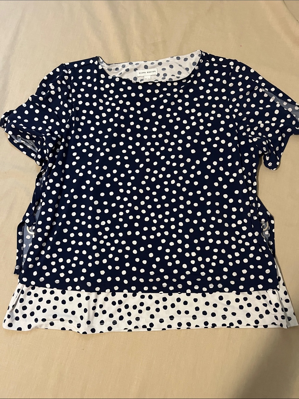 Susan Graver Navy and White Polka Dot Short Sleeve Blouse XL